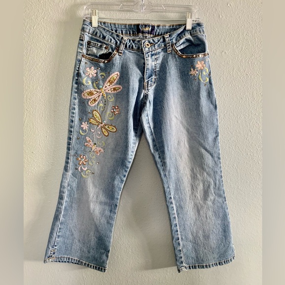 Y2K vintage Embroidered Blue Jean Capris - Picture 1 of 7